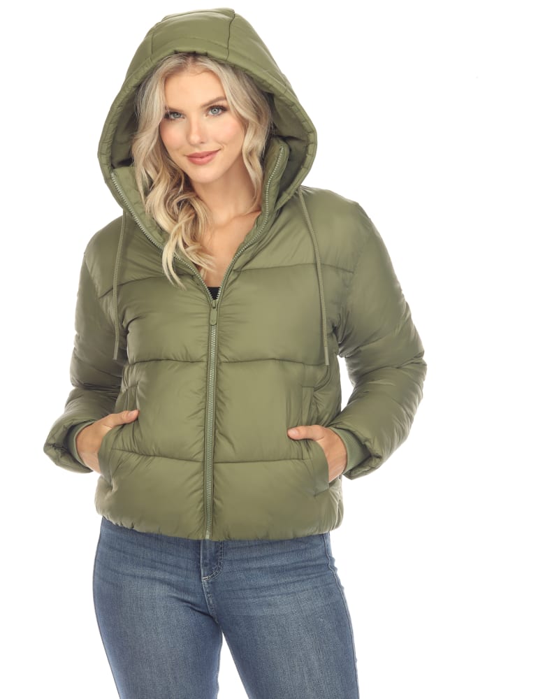 Front of a model wearing a size L Women's Full Front Zip Hooded Bomber Puffer Coat in Olive by White Mark. | dia_product_style_image_id:306499